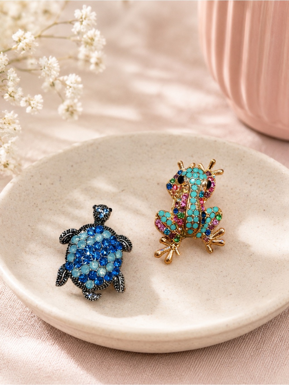 Colorful Crystal Turtle and Frog Brooch Set